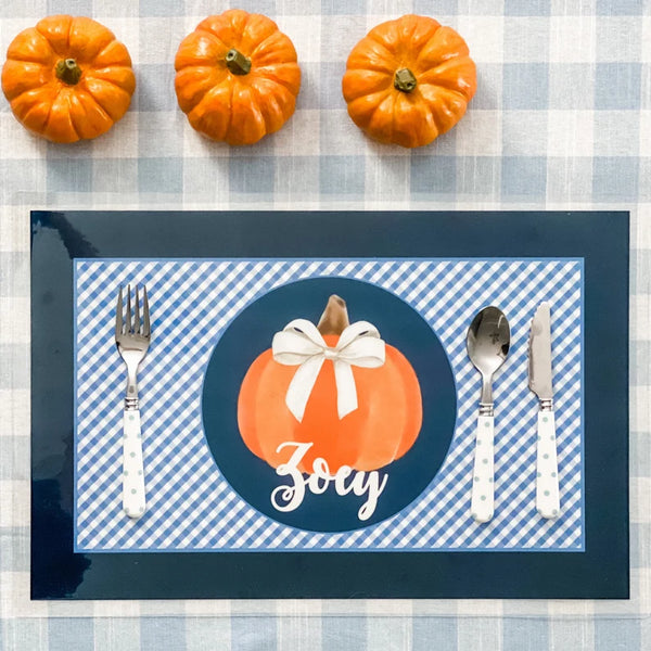 Blue on Blue (with bow) Gingham Thanksgiving Pumpkin Plate