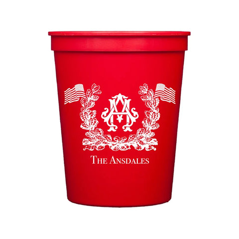 Red 4th of July Reusable Plastic Stadium Cups Personalized with Monogram and Flags