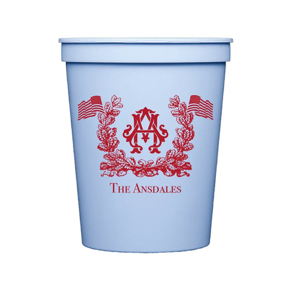 Blue 4th of July Reusable Plastic Stadium Cups Personalized with Monogram and Flags