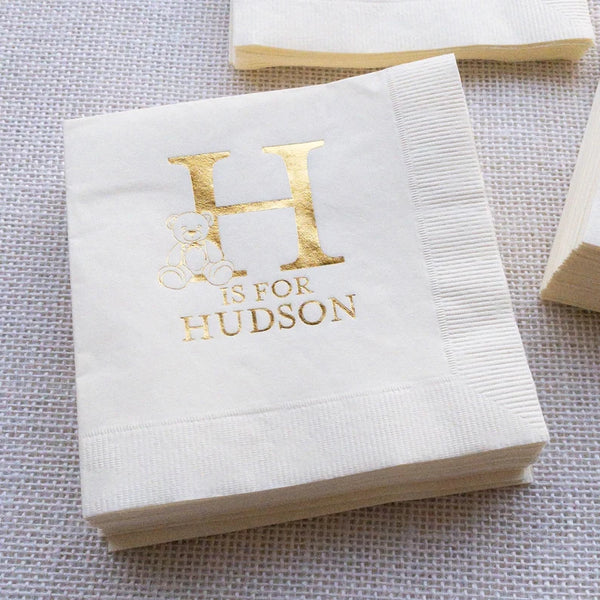 Teddy Bear Personalized Gold and White Napkins