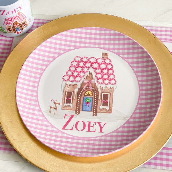 Personalized with Monogram or Name personalized gingerbread house pink plate