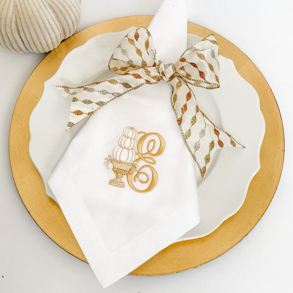 Fall Gold and White Pumpkin Topiary Monogrammed Cloth Napkins