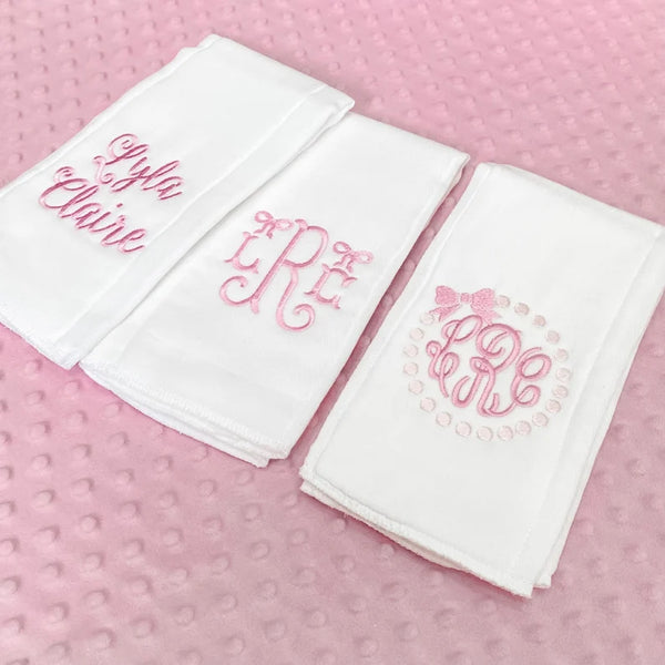 Pink Personalized Embroidered Burp Cloths - Set of 3
