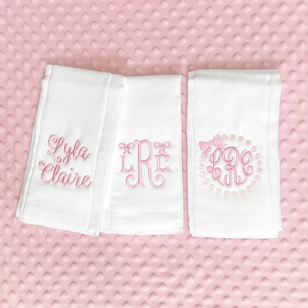 Pink Personalized Embroidered Burp Cloths - Set of 3