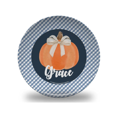Blue on Blue (with bow) Gingham Thanksgiving Pumpkin Plate