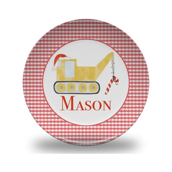 Boys Personalized Christmas Gingham Dump Truck Construction Plate or Bowl