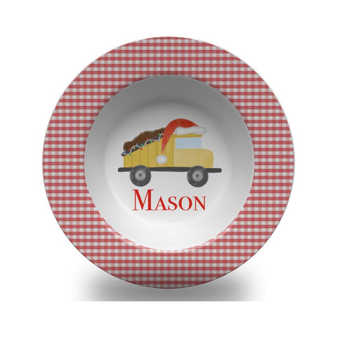Boys Personalized Christmas Gingham Dump Truck Construction Plate or Bowl