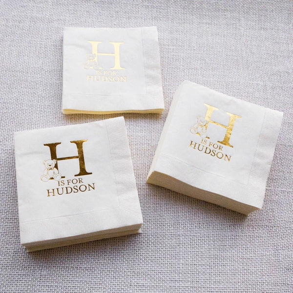 Teddy Bear Personalized Gold and White Napkins