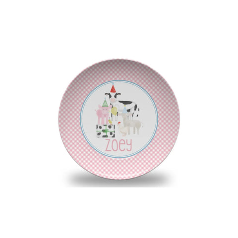 Pink Gingham Party Farm Animal Plate