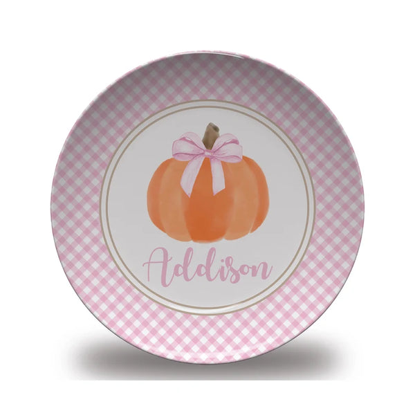 Pink Gingham Thanksgiving Pumpkin Plate