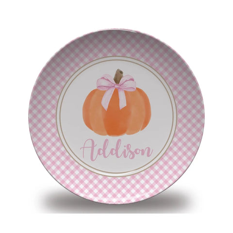 Pink Gingham Thanksgiving Pumpkin Plate