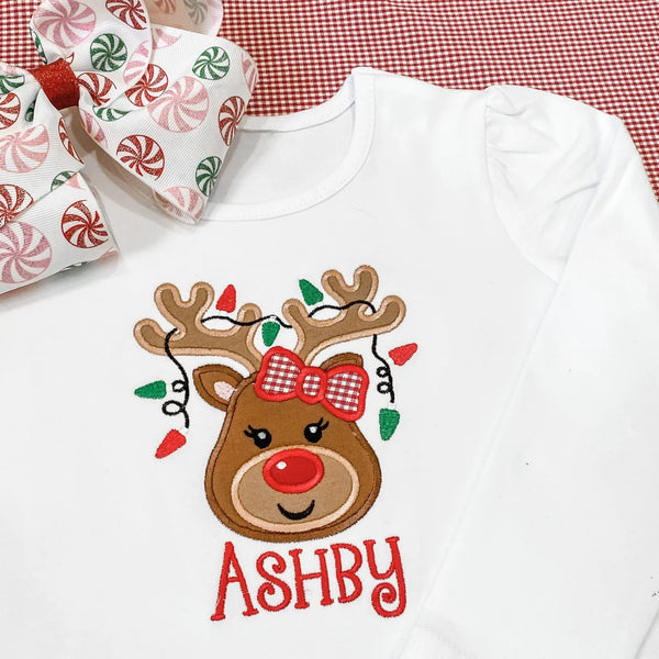 Girls Christmas Reindeer Personalized Appliquéd Shirt