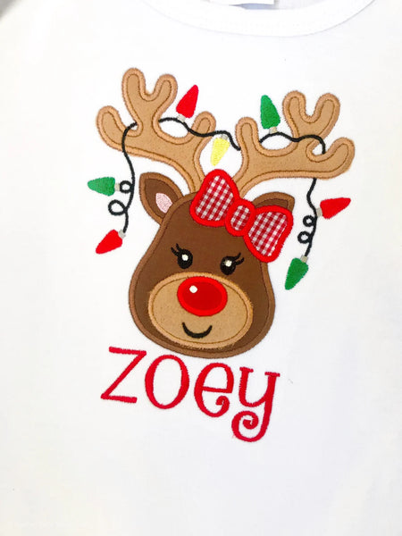 Girls Christmas Reindeer Personalized Appliquéd Shirt