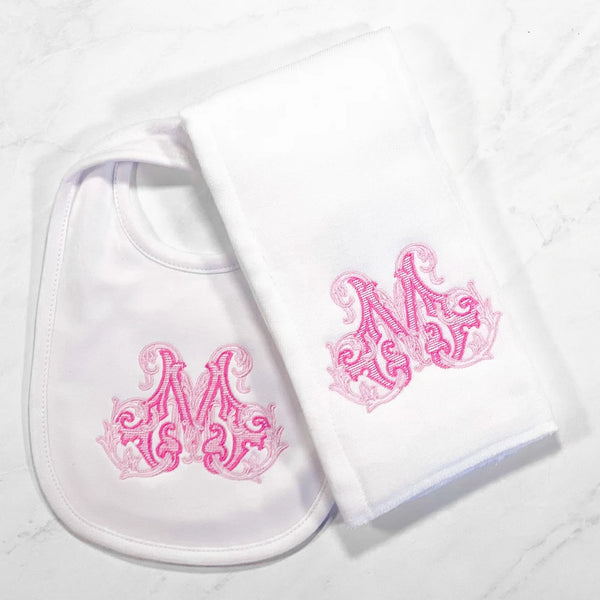 Single Letter Shadow Embroidered Burp Cloth and Bib Set