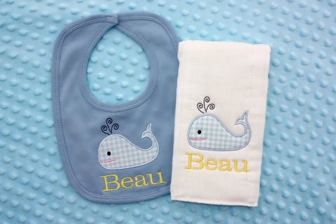Baby Whale Embroidered Burp Cloth and Bib Set